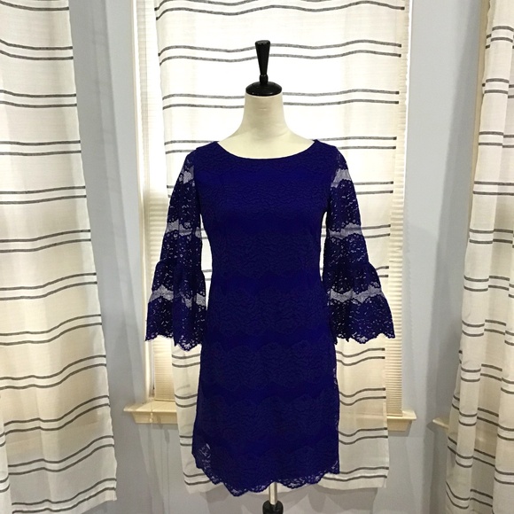 Eliza J Dresses & Skirts - Eliza J Women Size 6 Cobalt Blue Lace Overlay Flare Bell Sleeve Romantic